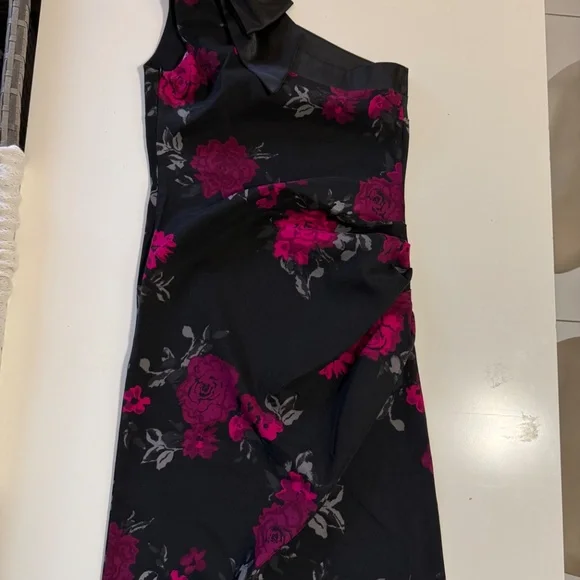 Jacob Black Spring Dress Feminine Elegance One Shoulder Pink Rose Print Asymmet - Picture 5 of 8